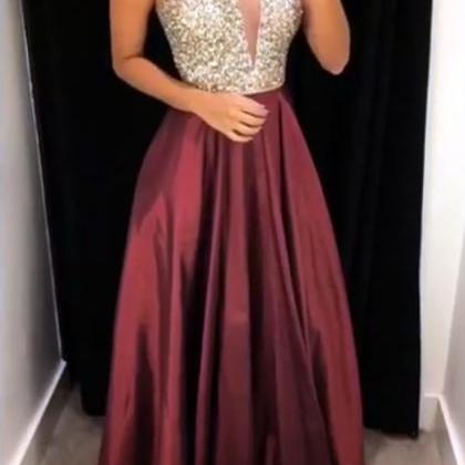 Sexy V-neck Sleeveless A-line Satin Long Prom Dresses With Slit For Party Online, OL446