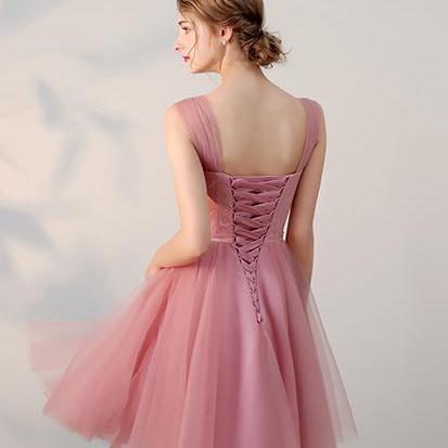 Chic A-line Pink Tulle Lace Appliqu..