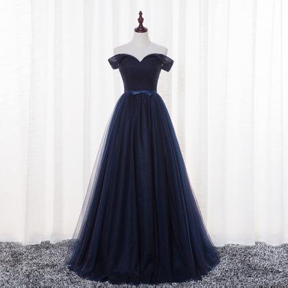 Beautiful Navy Blue Off Shoulder Tulle Long Prom Gowns, Off Shoulder ...