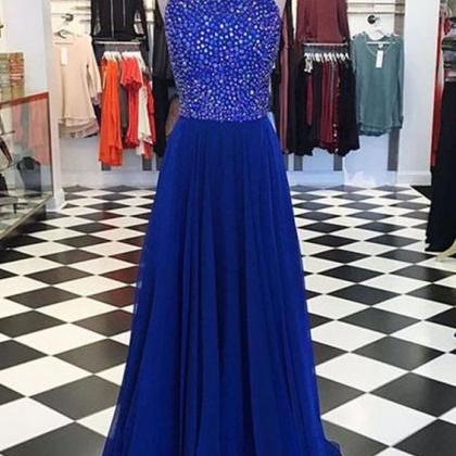 Luxury Beading Long Evening Dresses, Navy Blue Prom Dress, Chiffon Prom ...