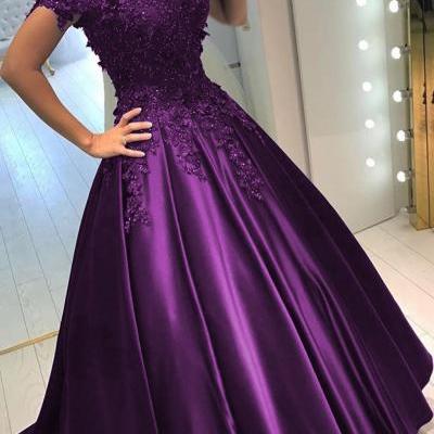 Lace Flower Off The Shoulder Satin Prom Dresses Ball Gowns, A-Line Off-the-Shoulder Sweep Train Navy Blue Prom Dress with Appliques Beading