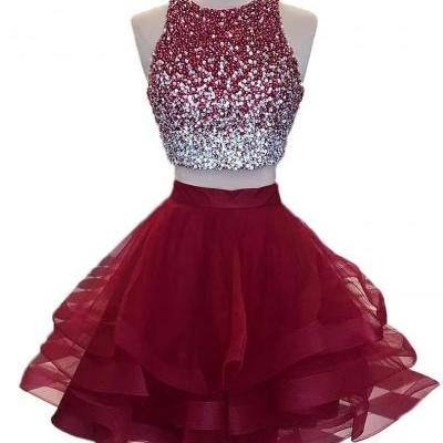 A-line Beaded Crop Top 2 Piece Homecoming Dresses Burgundy Short Prom Party Dresses
