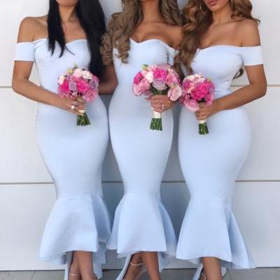 Elegant Baby Blue Off the Shoulder Mermaid Bridesmaids Dresses Country Style Bridesmaid Gown