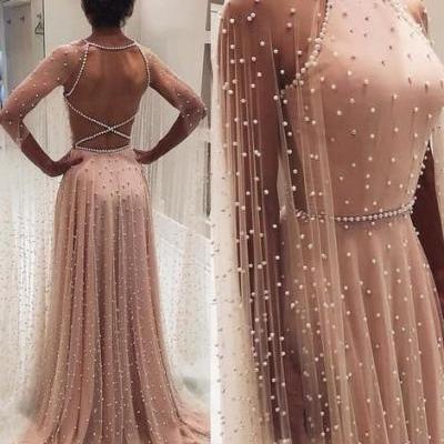 Chic A-line Tulle Pearl Beaded Prom Dresses Charming Pink Long Evening Dress