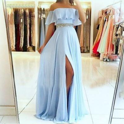 Simple A-Line Off the Shoulder Sexy Split Sky Blue Chiffon Prom Dress with Beading Belt