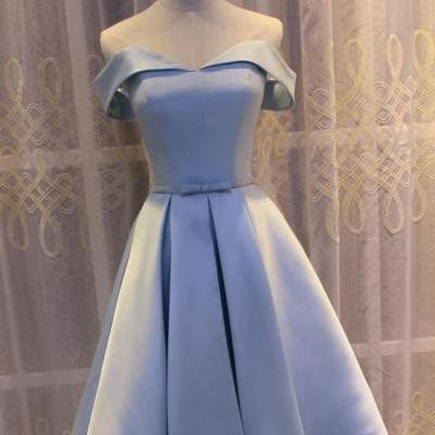 Light Blue Off Shoulder Satin Short Prom Dress, Blue Short Formal Dress 2019
