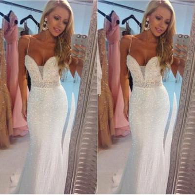 Vestidos de Formatura Sexy Spaghetti Straps Sequin Long White Prom Dress 2015 Abendkleider Mermaid Evening Dress Party Gown