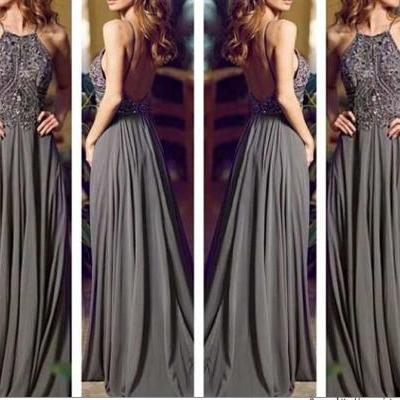 Gray Long Prom Dresses, Formal Dress, Straps Prom Gowns,Beaded Evening Dresses, Backless Evening Gowns, Cocktail Dresses Custom