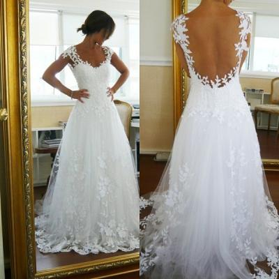 Sexy Sheer Back Wedding Dress, Lace Wedding Dress, Cap Sleeves Wedding Dress, Tulle Wedding Dresses, White Wedding Dress, Custom Made