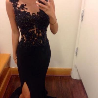 Hot&sexy High Side slit Special Occassion Dresses 2015 Sleeveless Black lace Prom dresses Vestidos de Fiesta Free Shipping