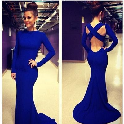 2015 New Arrival High Neck Long Sleeve Criss Cross Backless Royal Blue Evening Gown Sexy Mermaid Prom Dresses Formal Dresses