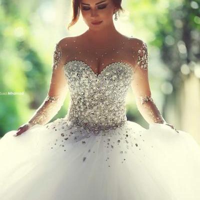 Said Mhamad Ball Gown Wedding Dress 2015 vestidos de noiva Sheer Sleeves Bridal Gowns with Crystals Sweet Wedding Luxury Wedding Dress