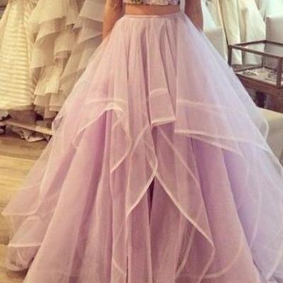 Light Lavender Tulle Two Piece Prom Gown Embellished With Embroidery