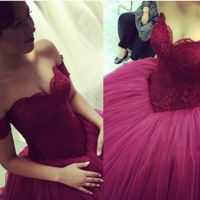 Charming Burgundy Prom Dress,Tulle Prom Dress,Ball Gown Prom Dress,Sweetheart Prom Dress,Noble Prom Dresses 2015
