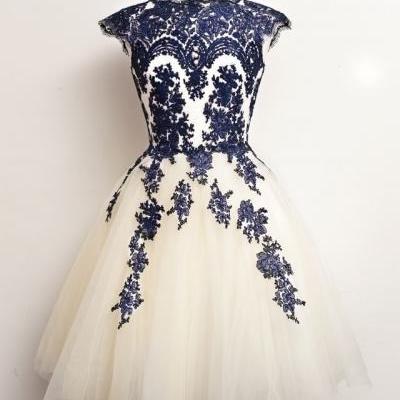 Custom Made High Neck Cap Sleeves Royal Blue Lace Light Champagne Tulle Short Prom Dresses Homecoming Dress, Above Knee Length Bodice Prom Gowns, Cocktail Dress,Wedding Party Dress