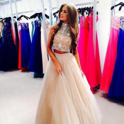  2015 Beads and Sequins 2 Piece Prom Dresses, O-Neck Prom Dresses, Real Made Prom Dresses,Two Pieces Prom Dresses On Sale