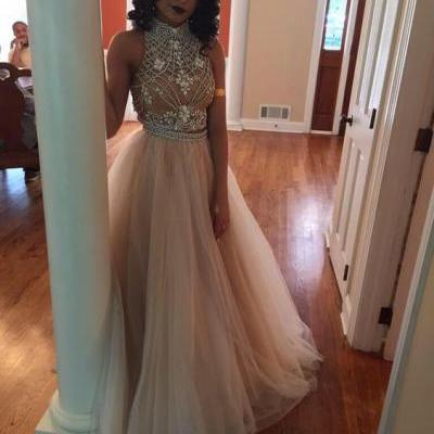 2015 Beads and Sequins Prom Dresses, O-Neck Prom Dresses, Real Made Prom Dresses,Two-Pieces Prom Dresses On Sale