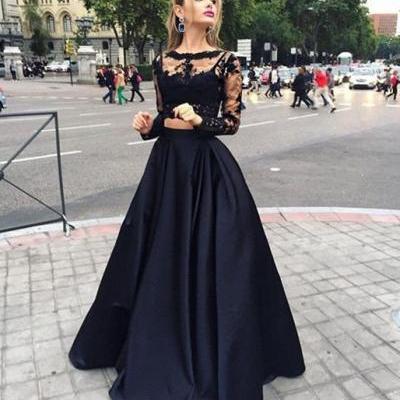 Sexy Black Prom Dress, Lace Long Sleeve Prom Dress,2016 Prom Dress, Two Pieces Prom Dress, Long Evening Gown, High Quality Wedding & Evening Prom Dresses