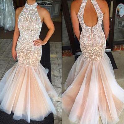 Champagne Prom Dresses,Mermaid Prom Gowns,Tulle Prom Dresses,Beading Prom Dresses,Mermaid Prom Gown,2016 Prom Dress,Backless Evening Gonw With Beading For Teens