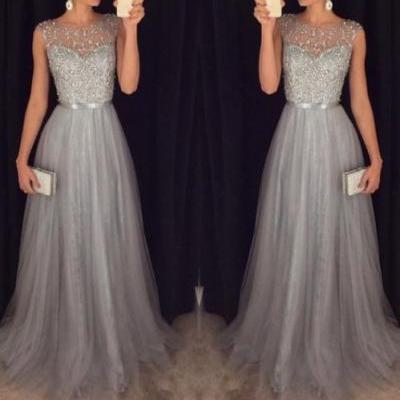 Stunning Grey Round Neckline Beading Tulle Prom Dresses,Evening Dresses, Beading Prom Dresses, Real Prom Dress, Long Dress for Prom