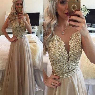 A Line Round Neck Sleeveless Long Champagne Prom Dress, Champagne Formal Dress