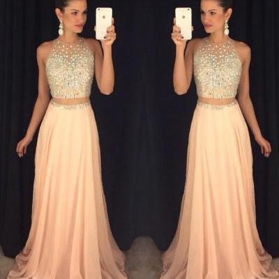Sexy Peach Prom Dress, Beading Prom Dress,2016 Prom Dress, Two Pieces Prom Dress, Long Evening Gown, Prom Dresses for Teens, Sexy Evening Gowns