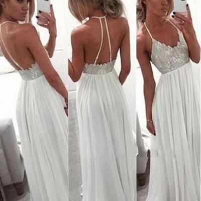 White Chiffon Sequin Long Prom Dress for Teens, Backless Long Prom Dress 2016