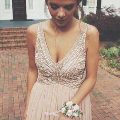 Evening Dress,A Line Evening Gowns,Beading Prom Dresses,Party Dresses,Long Prom Gown,V neckline Prom Dress,Formal Dress