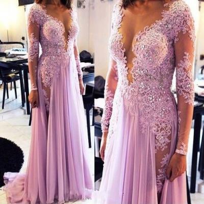 Charming Lavender Prom Dress, Light Purple Prom Dress, Chiffon and Lace Prom Dresses, Long Sleeves Prom Dress, Lace Prom Dress, Sexy Prom Dress, Beading Evening Dress,Sexy Women Formal Gown