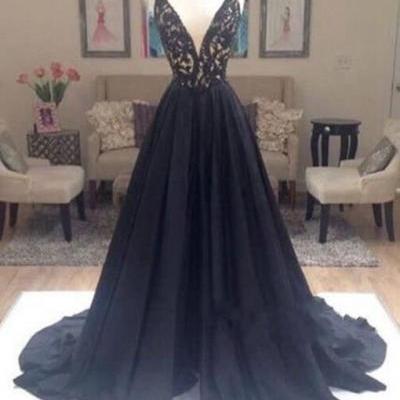 Custom Made Black A-line V Neck Lace Long Prom Dress,Formal Dresses, Unique Black V Neck Lace Chiffon Long Prom Dress 2016 for Teens, Modest Prom Dress