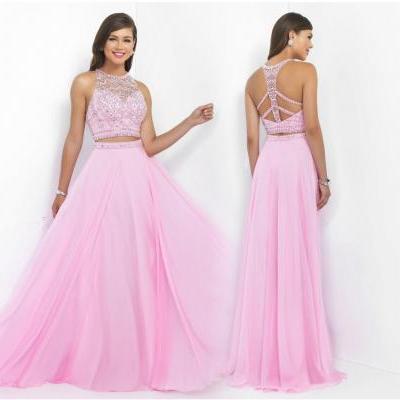 New Popular 2 piece Prom Dresses, Pink Two Pieces Prom Dress, O Neck Prom Dresses, Sleeveless Prom Dresses, Criss-cross Back Prom Dresses, A Line Prom Dress, Beaded Sequins Prom Dress, Chiffon Prom Dress On Sale, Graduation Dresses, Prom Dress for Teens