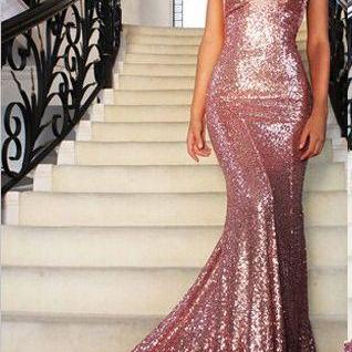 Gorgeous Mermaid Long Rose Pink Prom Dresses Sequins Spaghetti Strap Evening Gowns