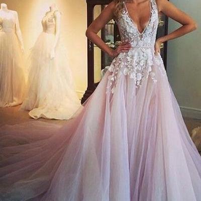 2016 cute deep-v lace appliqued pink tulle sweep train Prom Dress, ball gowns wedding dress