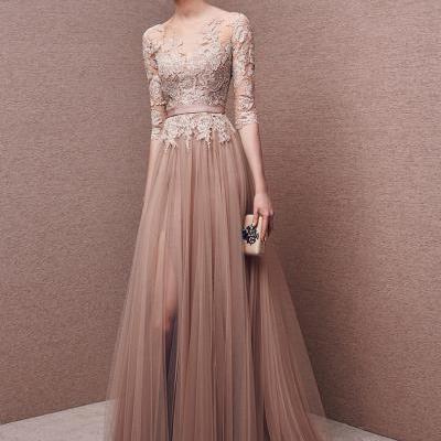 Illusion Lace Sheer Sleeve Tulle Evening Dress, Lace Prom Dress, Champagne Prom Dresses, Elegant Formal Dresses, Tulle Prom Gowns
