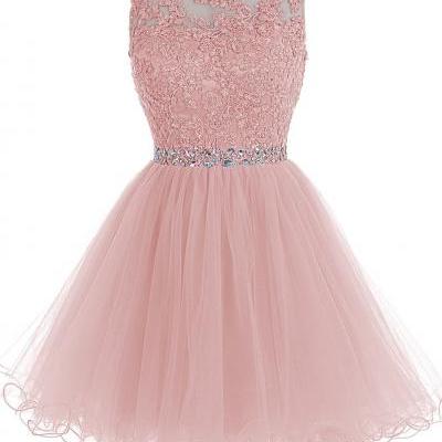 Blush Pink Short Prom Dress, Lace Beaded Prom Dress, Tulle Applique Evening Dress, Party Dress Dance, Pink Homecoming Dress, Beauty Graduation Dress