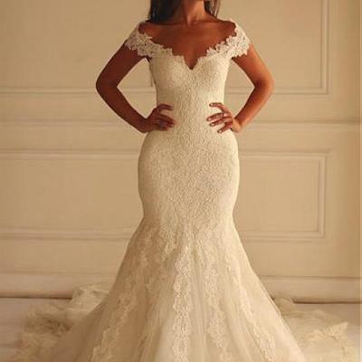 Stunning Tulle Off-the-shoulder Neckline Mermaid Wedding Dress With Lace Appliques, aLace Wedding Dress, Wedding Dress, Wedding Dresses