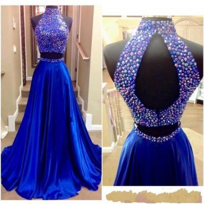 2016 Beaded Neck Prom Dresses, Two Pieces Prom Dress, Sexy Keyhole Back and Rhinestones Real Pictures High Neck Beaded Royal Blue Satin Two Pieces Prom Gowns