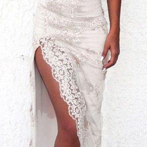 Stunning Lace Gown, White Lace Prom Dress, Prom Gown, Sexy Slit Prom Dress, V neck Prom Dress, Evening Dresses