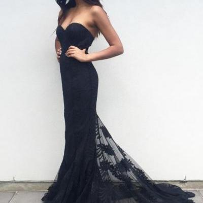 Charming Black Sweetheart Neck Lace Train Long Prom Dress, Black Evening Dress, New Arrival Prom Dress, Mermaid Prom Dress, Formal Dresses