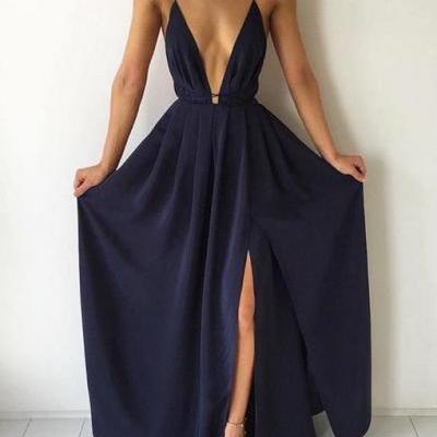 Unique Simple Prom Dress for Teens, Backless Prom Dress, Formal Dress, Navy Prom Dress
