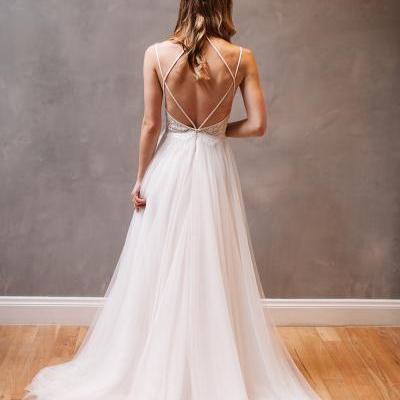 Sexy Backless Wedding Dress, Beautiful Backless Wedding Dresses and Gowns, Strappy Back, Lace and Tulle Wedding Dress, Wedding Dress, A-line Wedding Dress