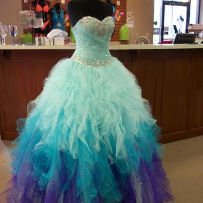 New Ball Gown Sweetheart Tulle Ombre Blue Quinceanera Dress, Pink Prom Dress, Blue Ball Gown Prom Dress, Sweet 15 Dresses