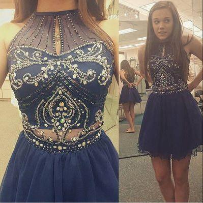 Homecoming Dress,High Neck Halter Navy Tulle Skirt Two Piece Prom Dress, Short Prom Dress, Short Homecoming Drssses