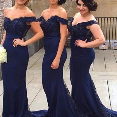 Mermaid Off Shoulder Court Train Lace Navy Blue Bridesmaid, Navy Blue Prom Dress, Mermaid Prom Gowns, Long Party Dress, Charming Formal Dresses, Prom Dresses for Weddings and Events