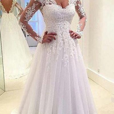 Open Back Floor Length Bridal Gowns, Long Sleeves Lace Beach Wedding Dresses, Sexy V Neck Wedding Dress, White Lace Wedding Gown