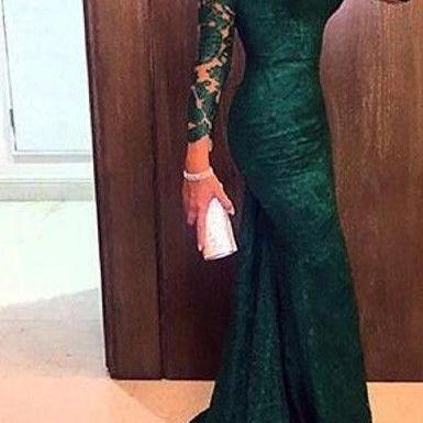 2016 Dark Green Lace Mermaid Long Prom Dresses, Sexy Mermaid Lace Evening Gown, Woman Dresses, Lace Formal Dresses, Long Sleeves Prom Gown, Long Prom Dresses, Mermaid Prom Dresses