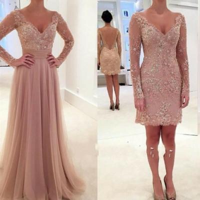 Sexy A-line V Neck Lace Tulle 2 Pieces Long Prom Dresses 2016, Two Pieces Prom Dress, Formal Dresses Backless, Long Prom Dresses, Long Sleeve Prom Dress, Champagne Party Dress