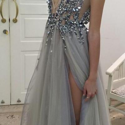 Grey Sparkly Gown, Elegant Evening Dress, Stunning Gray Prom Dress, Sequins Crystals Beaded Prom Dress, Tulle Prom Dress, Charming Prom Dress, Long Prom Dresses, Sexy See Through Prom Gown, Formal Dress