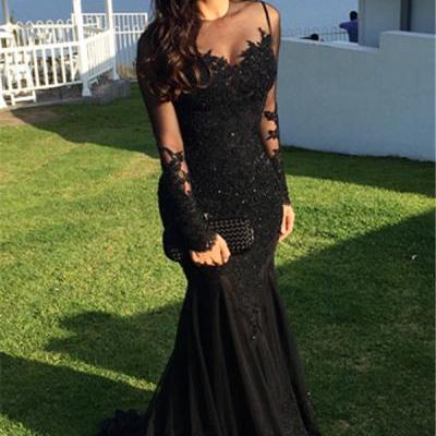 Sexy Black Prom Dresses, Black Lace Prom Gown, Long-Sleeve Tulle Black Applique Mermaid Prom Dresses, Sexy Evening Dresses, Woman Party Dress