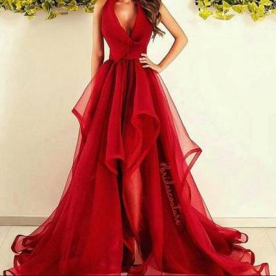 Beautiful Red Long Prom Dress, Sexy V Neck Prom Dress, Puffy Skirt Prom Dress, A-line Prom Gown, Ruffled Prom Dress, Prom Dress for Teens, Charming Formal Dress